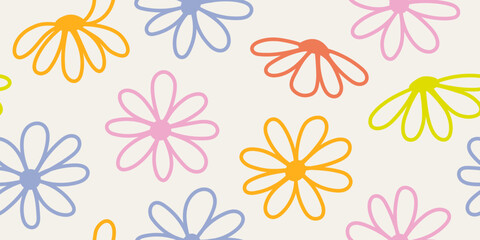 Colorful hand drawn line art flower seamless pattern. Childish and fun floral pattern with soft pastel colors. Design for fabric, cover, wrapping, wallpaper.