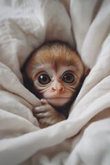 Adorable little baby monkey, peeking out from under a blanket, with big, cute eyes. Cute animal wallpaper