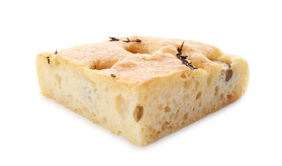 Piece of delicious focaccia bread with olives and thyme isolated on white