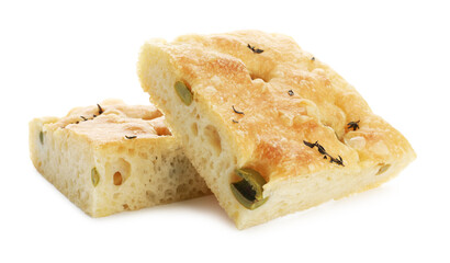 Pieces of delicious focaccia bread with olives and thyme isolated on white