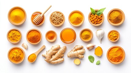 Laboratory style flat lay of natural immune boosters featuring ginger turmeric and garlic for health and wellness concepts