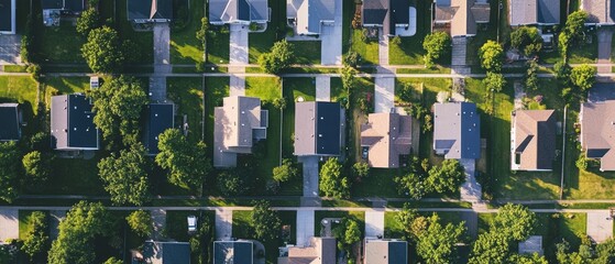 Aerial view of suburban neighborhood with houses, yards, and trees.