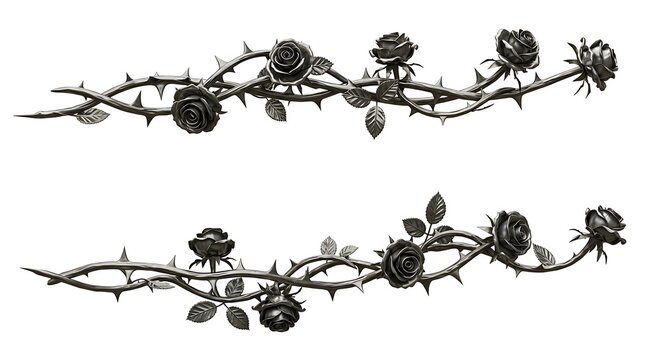 Silver metal rose vines with sharp thorns. Gothic prickly vine elements isolated
