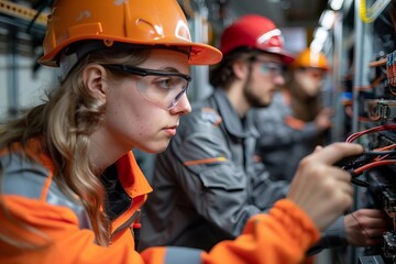 Team of Technicians Collaborating to Solve DBMS Upgrade Issue in Server Room, Exemplifying Teamwork and Problem-Solving in Cyber Security and IT Sector.