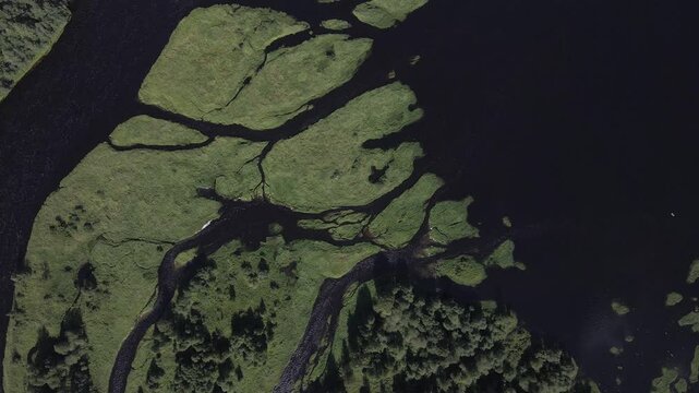 Russia, Lake Onega. View of the coast of the island in a cold lake. Beautiful nature of the Republic of Karelia. Panoramic view from the height of the Ladoga