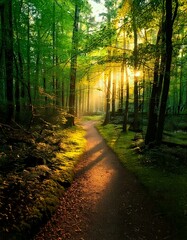 Fototapeta premium Enchanted Forest Path – A magical, glowing woodland scene