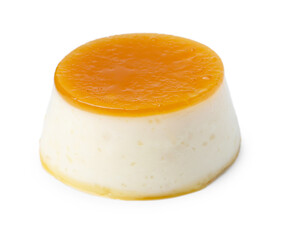 Tasty pudding with caramel sauce isolated on white