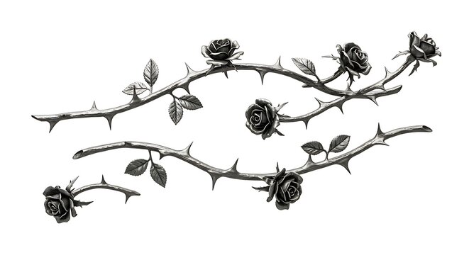 Silver metal rose vines with sharp thorns. Gothic prickly vine elements isolated
