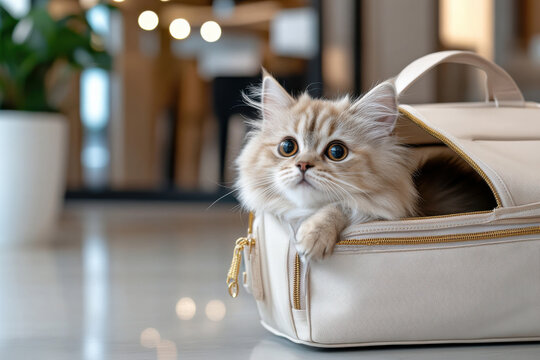 A precious Persian cat lounging comfortably within its stylish pet carrier, embodying relaxation and charm in a bright, modern interior filled with greenery.