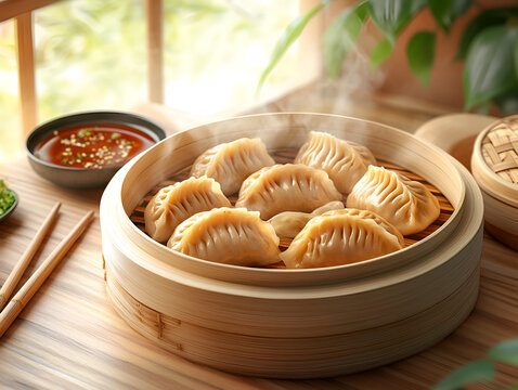 Steaming mandu dumplings served in a bamboo steamer with dipping sauce on a wooden table