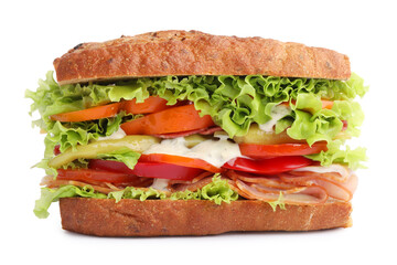 Delicious baguette sandwich with tomatoes and yellow beans isolated on white