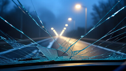 Fototapeta premium A cracked car windshield with a nighttime road in the background