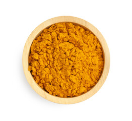 Turmeric powder in bowl isolated on white, top view