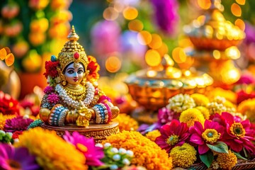 Naklejka premium Macro Happy Krishna Janmashtami Festive Background: Colorful Flowers & Decor