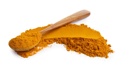 Turmeric powder and spoon isolated on white