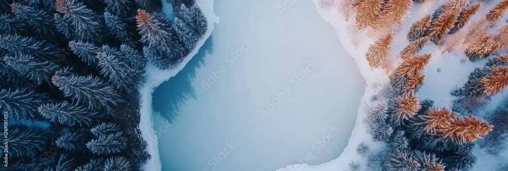 Poster aerial view of a frozen lake surrounded by a snowy pine forest, creating a serene and picturesque wi