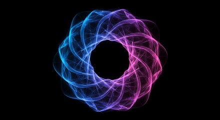 Abstract sphere with swirling, translucent, colorful, dynamic lines on a black background.