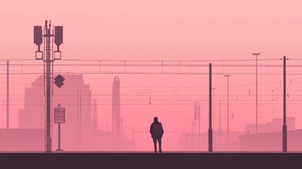Person waiting at train station, city skyline, pink sunrise