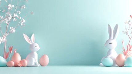 Minimalist easter template with geometric elements featuring bunnies and pastel eggs for holiday decor and greeting designs