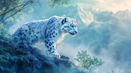 Majestic snow leopard in misty mountain landscape for wildlife preservation and nature conservation themes