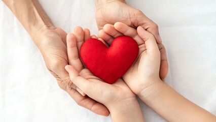 Obraz premium A touching image of an adult and child’s hands cradling a soft red heart, symbolizing love, care, and family support. The contrast against the white background enhances the warmth and emotional connec
