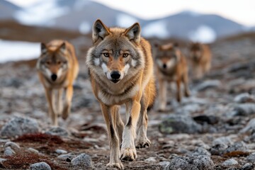 Obraz premium A stunning visual of wolves making their way across a shimmering landscape, capturing the essence of freedom and adventure in an untamed environment.
