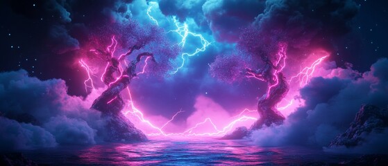 Obraz premium Mystical lightning landscape with neon trees and clouds illuminated in vibrant night sky
