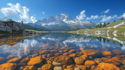 Crystal-clear lake captures the stunning reflection of the majestic mountains and blue sky with bright clouds and vibrant rocks under the calm water, creating a serene atmosphere