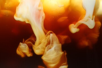 Refreshing coffee with ice and milk as background, closeup