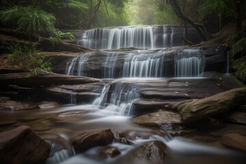 Obraz premium Flowing water cascades down smooth rocks in a serene forest setting during early morning light