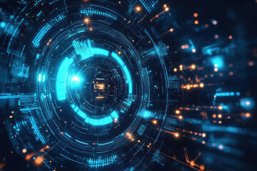 Obraz premium Futuristic blue high tech background with glowing circular patterns and data