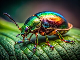 Fototapeta premium Macro Photography: Rosemary Beetle on Green Leaf - Low Light Shot