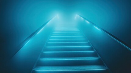 Blue neon lit stairs disappearing into fog.