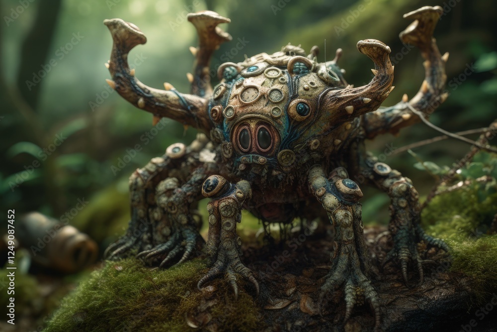 Poster intricate creature with multiple eyes and limbs resides in a lush forest environment under soft sunl