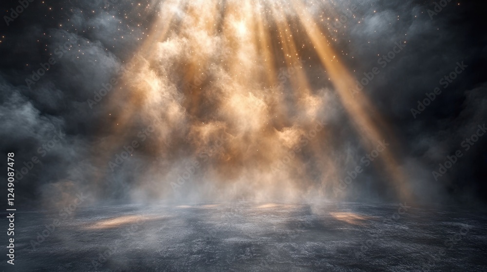 Poster dark background with shining spotlight illuminating the ground surrounded by ethereal cloud and mist
