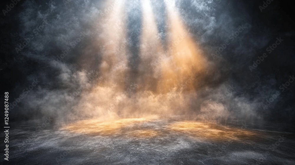 Poster dark background with spotlight shining down on ground creating a dramatic atmosphere for performance