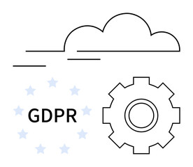 Cloud with horizontal lines, gear symbol, GDPR text, and stars forming a circle. Ideal for data protection, compliance, privacy, technology, regulations IT systems abstract line flat metaphor