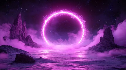 Fototapeta premium Futuristic quantum computing design with neon circle in mystical landscape for technology and innovation themes