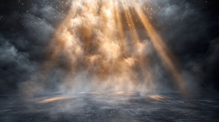 Dark Background with Shining Spotlight Illuminating the Ground Surrounded by Ethereal Cloud and Misty Atmosphere Creating a Dramatic Scene