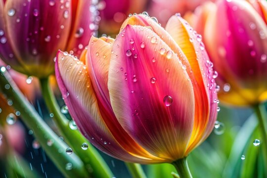 Colorful tulips with raindrops close-up flower wallpaper concept