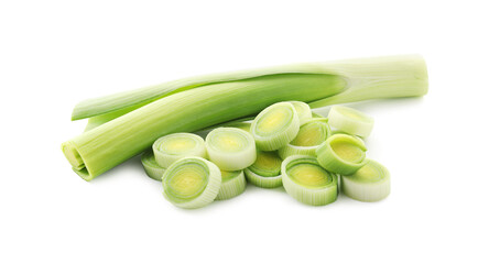 Whole and cut leeks isolated on white