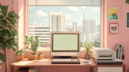 Fototapeta premium Retro home office, city view, plants, 80s computer