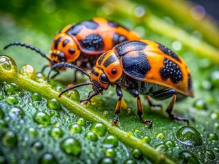 Fototapeta premium Macro Photography: Vibrant Orange and Black Beetles on Lush Green Leaf