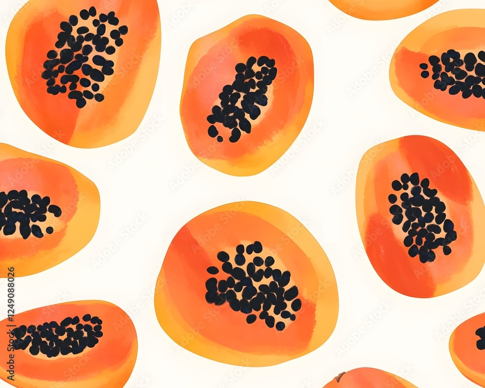 Poster sliced papayas display their vibrant color and dark clustered seeds