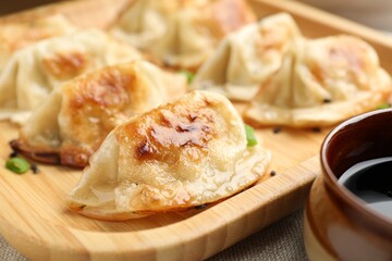 Delicious fried gyoza dumplings with green onions and soy sauce on table, closeup