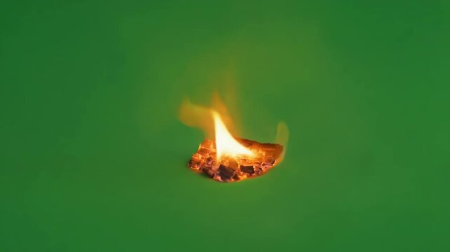 A singular ember flickering softly its glow creating a serene ambiance amid the verdant surroundings. Green screen chromakey
