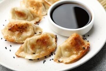 Fried gyoza dumplings with sesame seeds and soy sauce on table, closeup