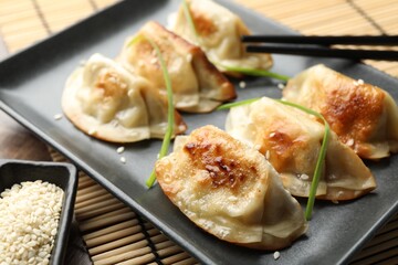Delicious fried gyoza dumplings with sesame seeds served on table, closeup
