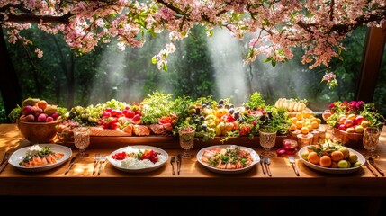 Fototapeta premium Arrangement of seven species of israel with blooming almond blossoms for festive table setting and nature-inspired dining decor