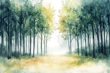 Peaceful forest path leading to bright clearing with sunlight filtering through trees during early morning